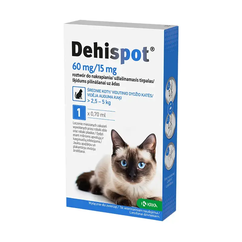 Dehispot, 60 mg/15 mg, užlašinamasis tirpalas nuo kirmėlių, 2,5-5 kg katėms, N1